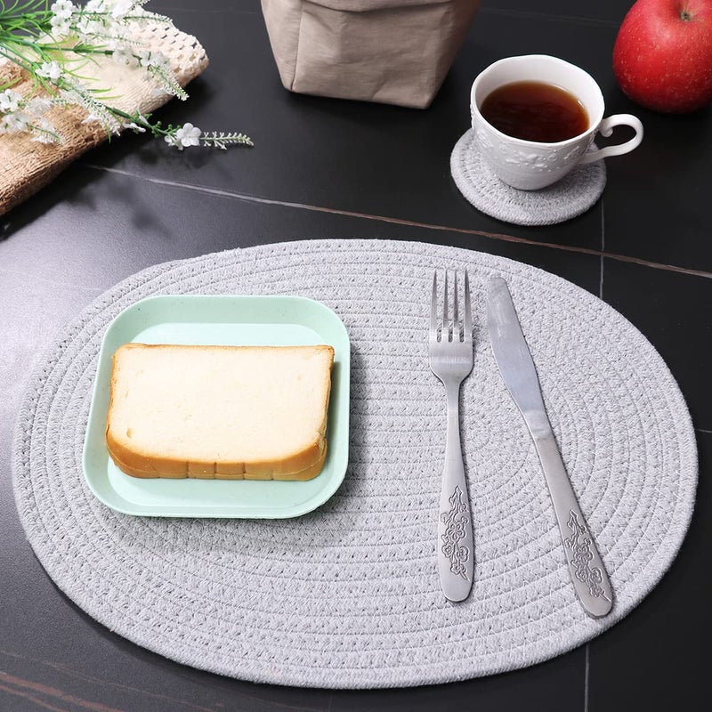 WENFOME 4 Pack Oval Woven Placemats, Gray Cotton Rope Braided Placemats with 4 Pack Round Fabric Coasters, Heat-Resistant Non-Slip Cotton Table Mats Charger Plates for Table Decoration (Gray) - Image 5